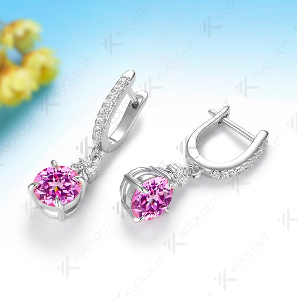 Kuololit 4CT Lab Pink Sapphire Moissanite Earrings for Women Solid 14K 10K 585 Yellow Gold Clip Earring for Christmas Gifts