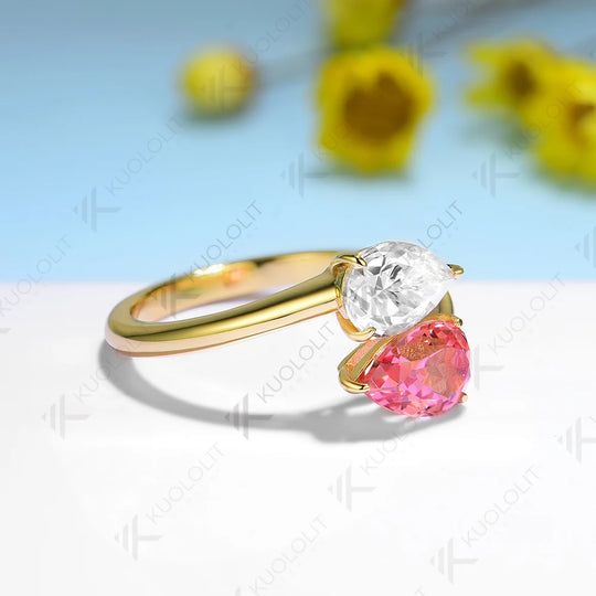 Kuololit 1.5CT Padparadscha Moissanite Engagement Ring for Women Solid 14K 10K 585 Yellow Gold Two Gemstone Ring for Christmas