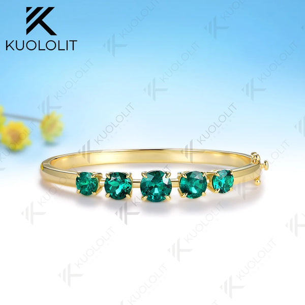 Kuololit 6CTW Round Lab Grown Emerald Custom Bangle for Women Solid 10K Yellow Gold Round Bracelet for Engagement Christmas Gift