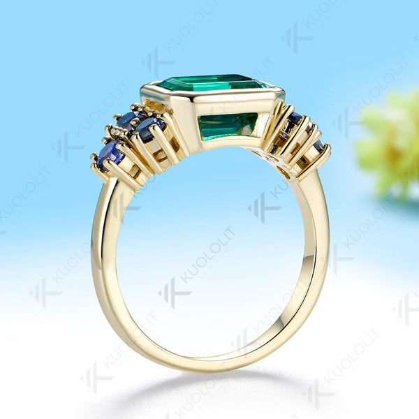 Kuololit 3CT Lab Grown Emerald Sapphire Gemstone Custom Ring for Women Solid 14K10K Yellow Gold for Engagement Wedding Christmas