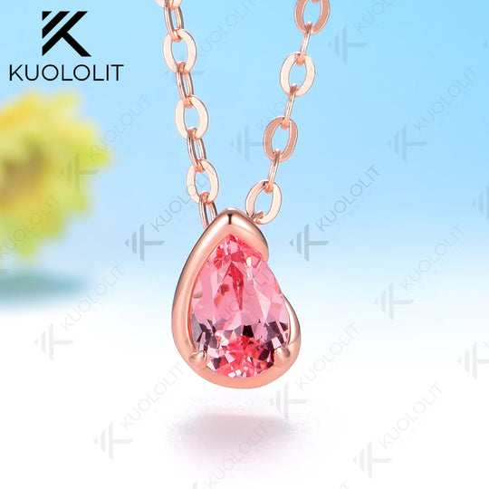 Kuololit 0.5CT Pink Sapphire Necklace for Women Men Solid 585 14K 10K Gold Pear Chain for Engagement Christmas Gifts Party