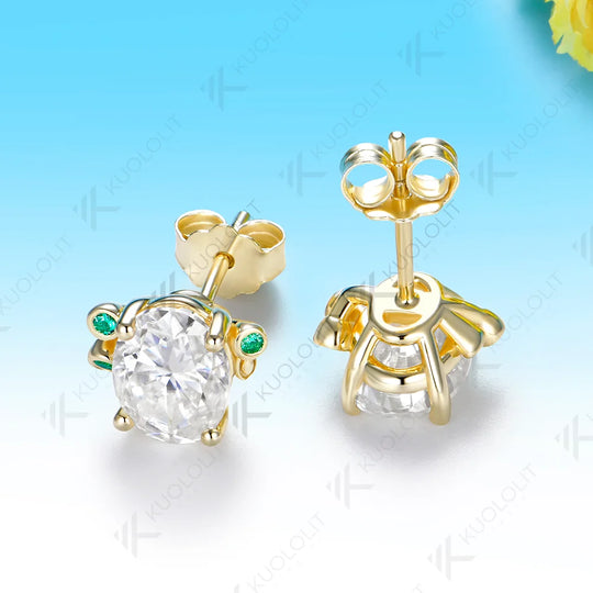 Kuololit 3CTW Oval Moissanite Lab Emerald Custom Stud Earrings for Women Solid 14K 10K 585 Yellow Gold for Christmas Gift Party