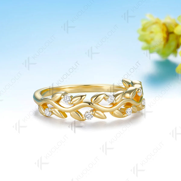 Kuololit  1.7 CTW Lab Diamond Leaf Wedding Band for Women Solid 14K 10K Yellow Gold Eternity Band Ring for Engagement Christmas