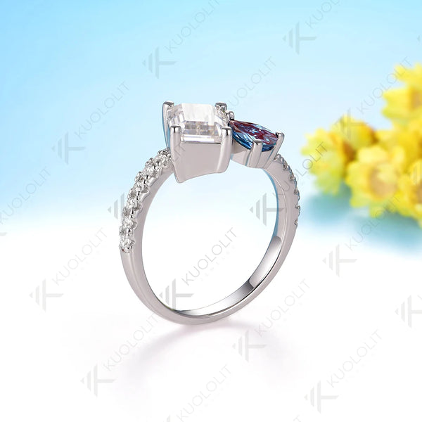 Kuololit  Lab Grown Alexandrite Moissanite  Rings for Women Solid 18K 14K 10K 585 White Gold Gemstone Ring for Christmas Gifts