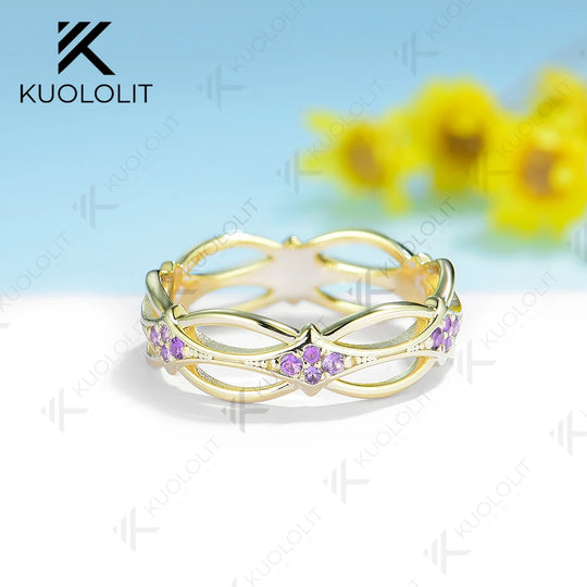 Kuololit PT900 Natural Amethyst Flower Hollow Band for Women Solid Platinum 900 Gold For Engagement Wedding Band Christmas Gifts