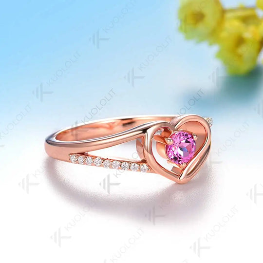 Kuololit Lab Pink Sapphire Diamonds Rings for Women Soild 10K 14K Yellow Gold Diamond Heart Ring  for Engagement Christmas Gifts