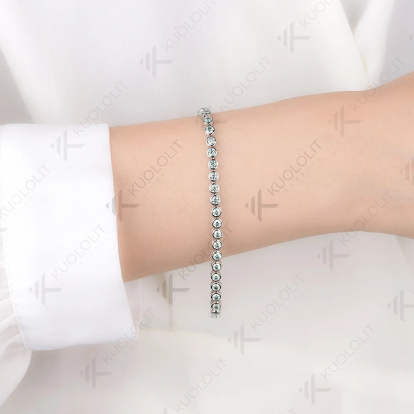 Kuololit Champagne Cyan Moissanite Round 3.0mm Tennis Bracelet for Women Solid 14K 10K 585 White Gold Bracelet for Engagement Christmas Gift