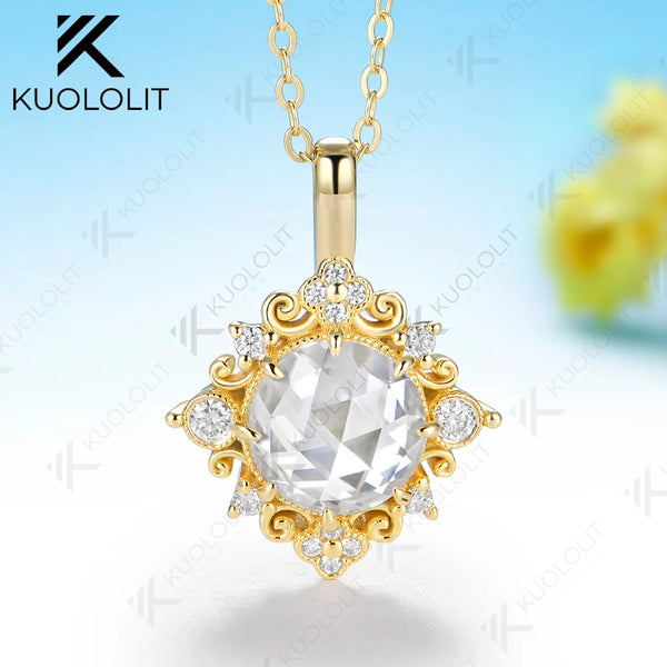Kuololit 4CT Rose Moissanite Custom Set Necklace for Women Solid 14K 10K 585 Yellow Gold Engagement Necklace for Christmas Gifts
