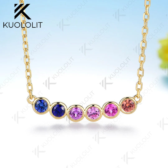 Kuololit Lab Grown Gemstone Rainbow Necklace for Women Solid 14K 10K Yellow Gold Pedant Necklace for Engagement Christmas