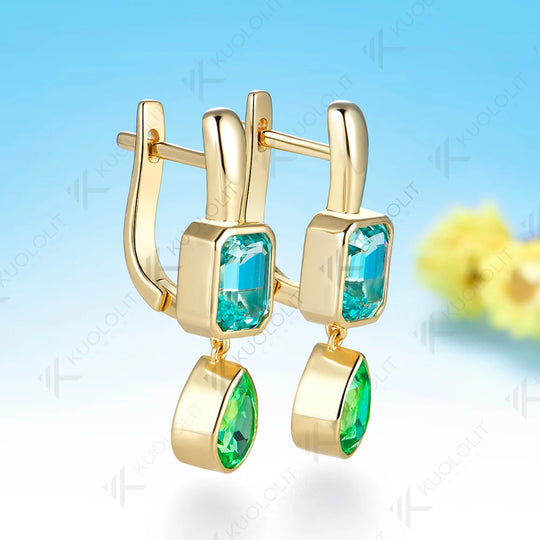 Kuololit 7CTW Mint Green Sapphire Paraiba Custom Earrings for Women Solid 14K 10K 585 Yellow Gold Earrings for Christmas Gifts