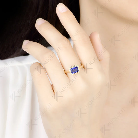 Kuololit 3CT Lab Grown Sapphire Bezel Set Ring for Women Solid 14K 10K585 Yellow Gold Engagement Ring for Christmas Gift Party