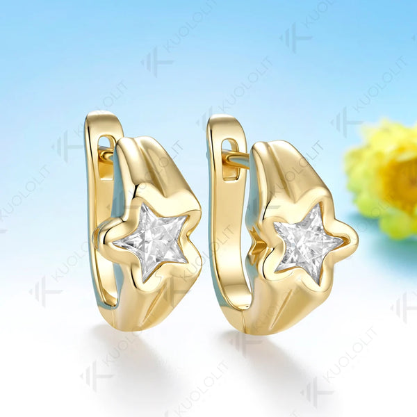 Kuololit 2CTW Unique Cut Star Moissanite Earrings for Women Solid 14K 10K 585 Yellow Gold Clip Star Earring for Christmas Gifts