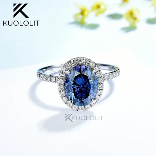 Kuololit 3CT Blue Moissanite Ring for Women Solid 14K 10K Yellow Gold Origanal Blue Color Oval Ring for Engagement Christmas