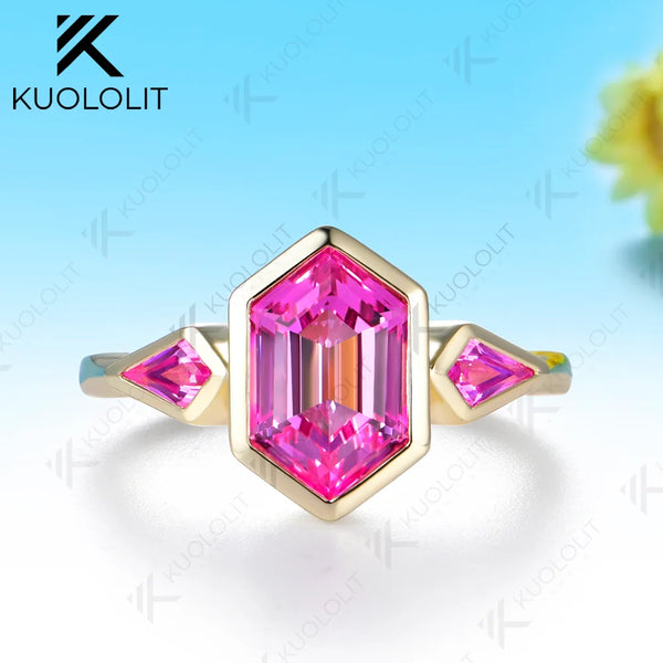 Kuololit 3.5CT Lab Grown Pink Sapphire Hexagon Cut Custom Ring for Women Solid 14K 10K 585 Yellow Gold for Christmas Gifts