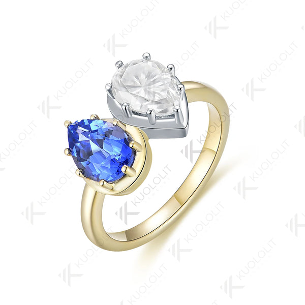 Kuololit 2.5CTW Pear Moissanite Blue Sapphire Ring for Women Solid 18K 14K Two Tone Gold Gemstone Ring for Engagement Christmas