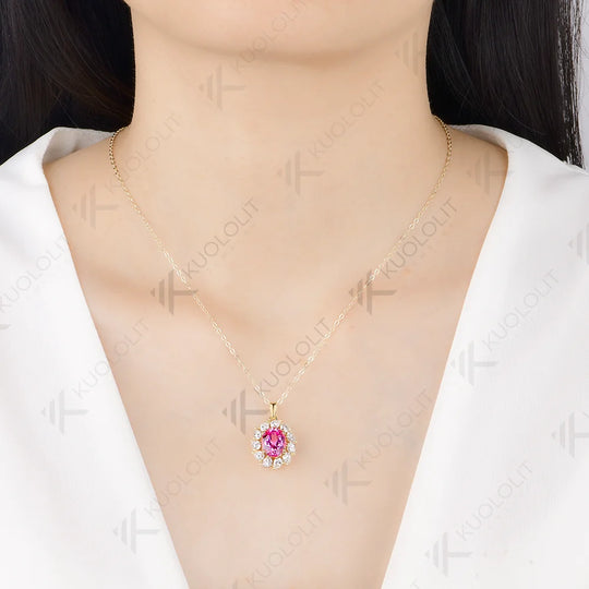Kuololit 3.5CT Lab Pink Sapphire Pear Moissanite Necklace for Women Solid 585 14K 10K Yellow Gold Custom Necklace for Christmas