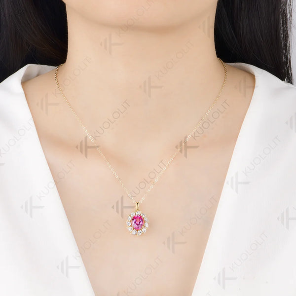 Kuololit 3.5CT Lab Pink Sapphire Pear Moissanite Necklace for Women Solid 585 14K 10K Yellow Gold Custom Necklace for Christmas