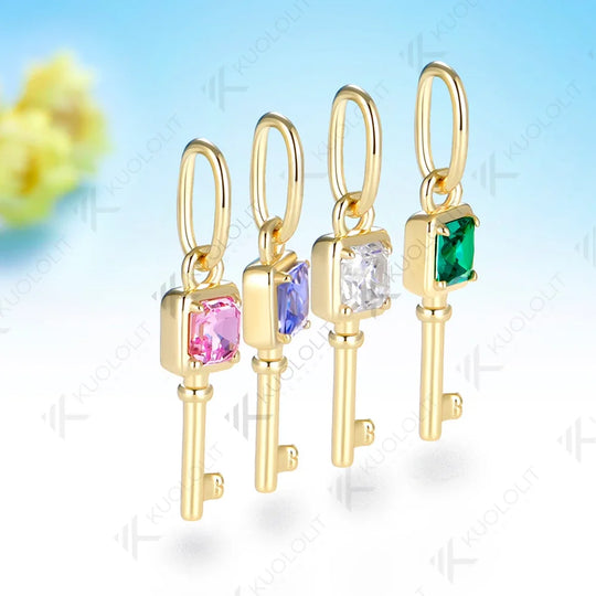 Kuololit Key Pendant Lab Grown Emerald Pink Sapphire Moissanite for Women Solid Yellow Gold No Chain