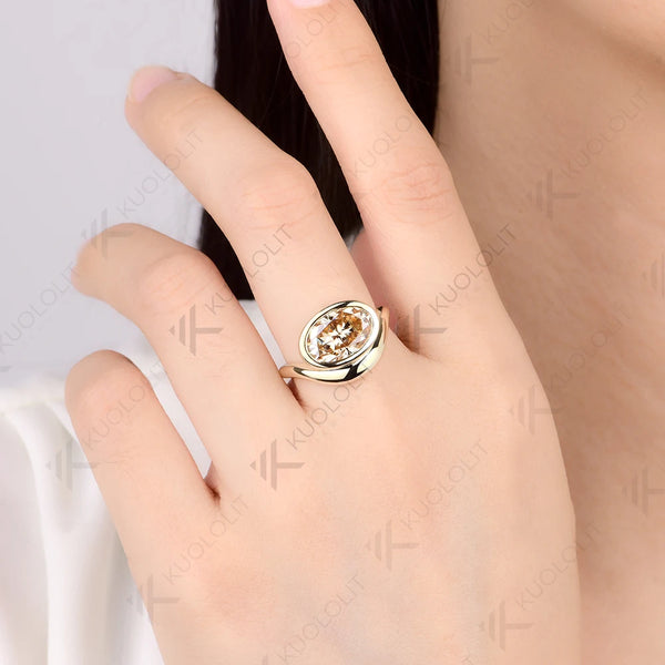 Kuololit 4.5CT Oval Champagne Moissanite Custom Ring for Women Solid 14K 10K 585 Yellow Gold Engagement Ring for Christmas Gifts