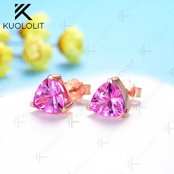 Kuololit 1.2CT Trillyon Lab Pink Sapphire Stud Earrings for Women Pure 18K 14K Gold Trillyon Earrings for Anniversary Christmas Gifts