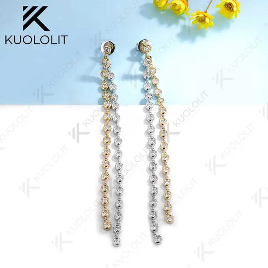 Kuololit 2CTW Moissanite Long Stud Earrings for Women Two Tone Solid 10K Gold for Yellow and White Gold for Christmas Gifts