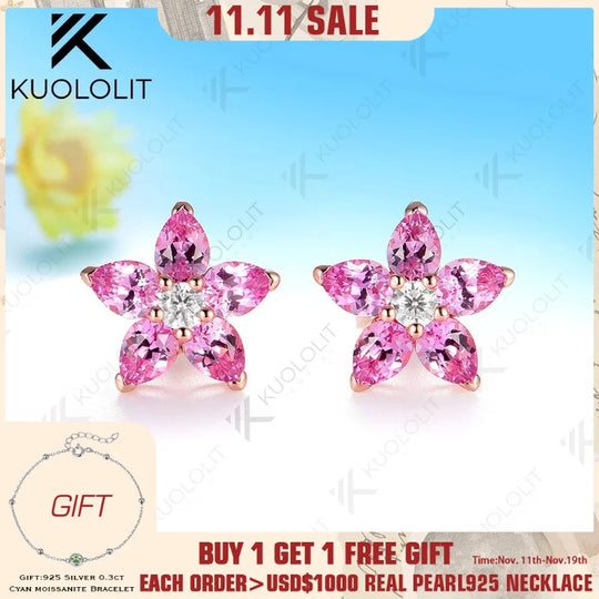 Kuololit 3.1CTW Lab Grown Diamonds Pink Sapphire Stud Earrings for Women Solid 14K 10K 585 White Gold Earring for Christmas Gift
