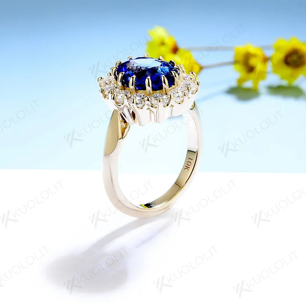 Kuololit Princess Diana 3CT Sapphire Moissanite Ring for Women Solid 14K Yellow Gold Lab-Grown Sapphire for Memory Engagement