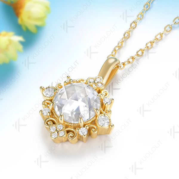 Kuololit 4CT Rose Moissanite Custom Set Necklace for Women Solid 14K 10K 585 Yellow Gold Engagement Necklace for Christmas Gifts