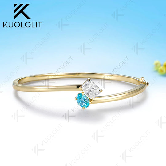 Kuololit 3.5CTW Paraiba Moissanite Custom Bangle for Women Solid 10K Yellow Gold Pear Bangle for Trendy Christams Gifts Party