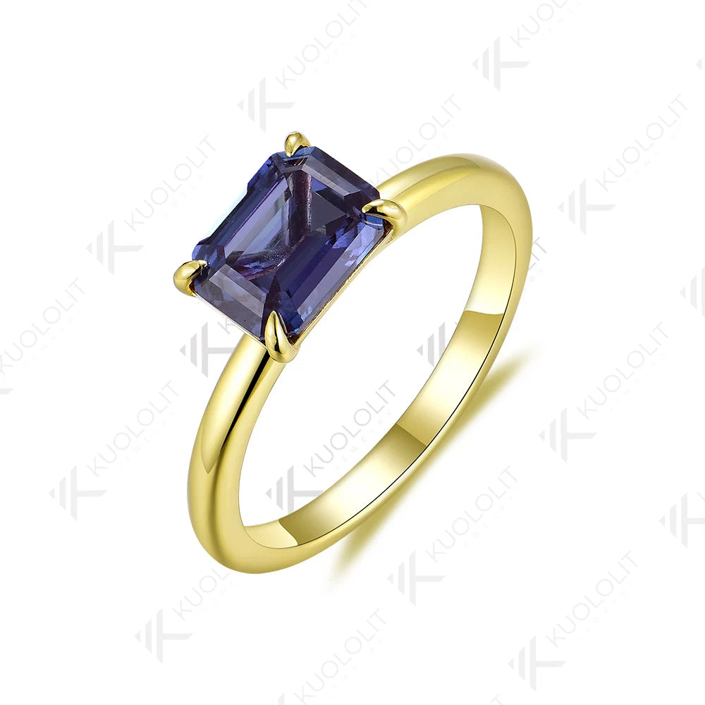 Kuololit 2CT Emerald Cut Lab Grown Alexandrite Gemstone Rings for Women Men Solid 18K14K10K YellowGold for Party Christmas Gifts