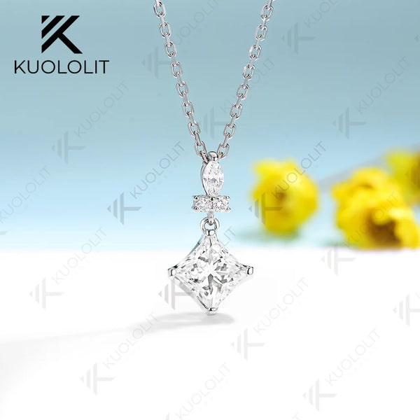 Kuololit 1CT Moissanite Necklace for Women Solid 10K 14K 18K 925 Sliver Princess Pendant with Chain for Engagement Christmas
