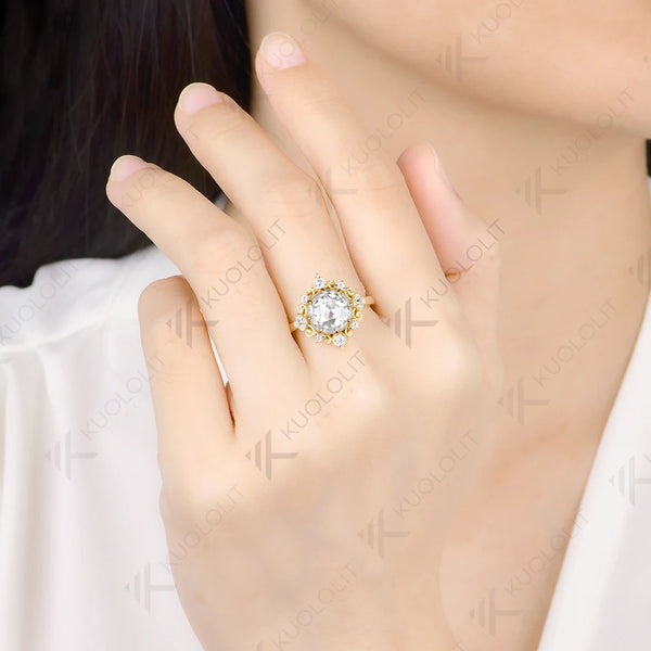 Kuololit 3CT Rose Moissanite Custom Set Ring for Women Solid 14K 10K 585 Yellow Gold Engagement Ring for Christmas Gifts Party