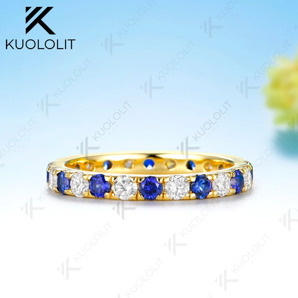 Kuololit  1.5CTW Lab Diamond Sapphire Alternating Wedding Band for Women Solid 14K Yellow Gold Eternity Full Ring for Engagement