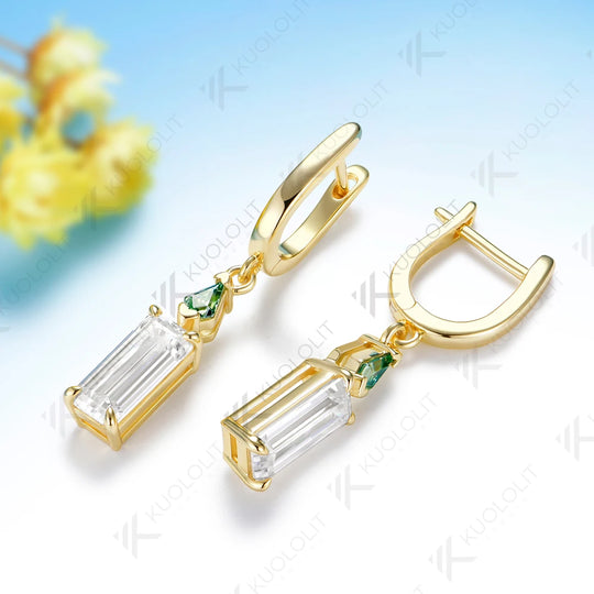 Kuololit 3.8CTW Emerald Cut Moissanite  Earrings for Women Solid 14K 10K Yellow Gold Cyan Earrings for Christmas Gifts Party