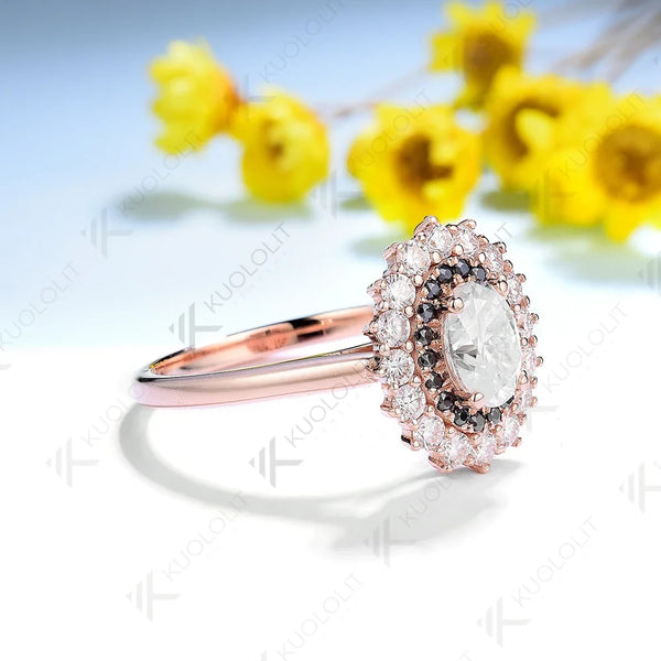 Kuololit 1ct Oval Cut White Moissanite and Balck Moissanite Ring for Women Solid 14K 10K 585 Rose Gold for Engagement Christmas