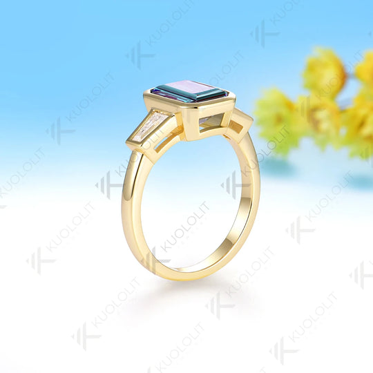 Kuololit 3CT Lab Grown Alexandrite Moissanite Ring for Women Solid 14K 10K 585 Yeollw Gold Emerald Cut Ring for Christmas Gifts