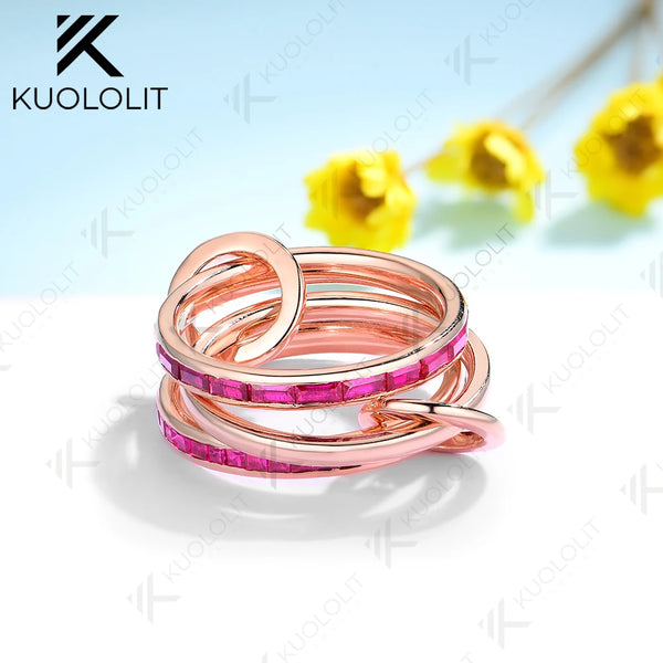 Kuololit 4.6CTW Lab Grown Ruby Stackable Engagement Rings for Women Solid18K14K 585 Rose Gold Bezel Set Band for Christmas Gifts
