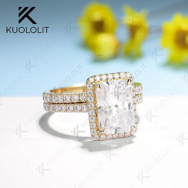 Kuololit 3.5CT Radiant Cut Moissanite Set Ring for Women Solid 18K 14K 10K 585 Yellow Gold Band for Engagement Wedding Christmas