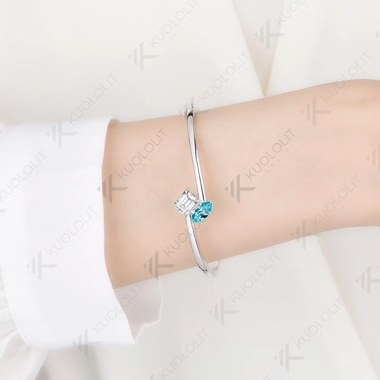 Kuololit 3CTW Paraiba Moissanite Custom Bangle for Women Solid 10K Yellow Gold Pear Bangle for Trendy Christams Gift Anniversary