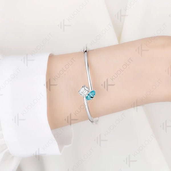Kuololit 3CTW Paraiba Moissanite Custom Bangle for Women Solid 10K Yellow Gold Pear Bangle for Trendy Christams Gift Anniversary