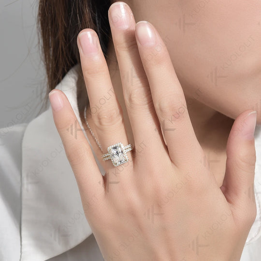 Kuololit 3.5CT Radiant Cut Moissanite Set Ring for Women Solid 18K 14K 10K 585 Yellow Gold Band for Engagement Wedding Christmas