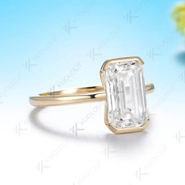 Kuololit 4CT Moissanite Custom Ring for Women Solid 14K 10K 585 Yellow Gold Emerald Cut Engagement Ring for Christmas Wedding