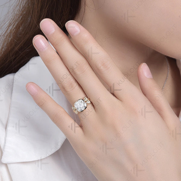 Kuololit 3.5ct Cushion Moissanite Ring for Women 585 14K 10K Yellow Gold Cushion Solitaire Halo Ring for Engagement Christmas