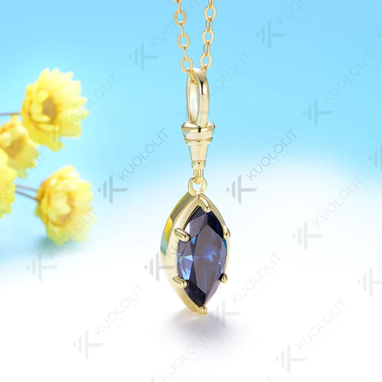 Kuololit 2CT Blue Cyan Moissanite Marquise Necklace for Women 14K 10K 925Sliver Yellow Gold Pendant with Chain for Party Classic Gift