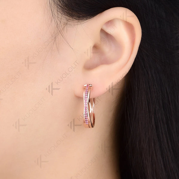 Kuololit 0.32CTW Lab Grown Pink Sapphire Custom Hoop Earrings for Women Solid 14K 10K Yellow Gold for Party Christmas Classic