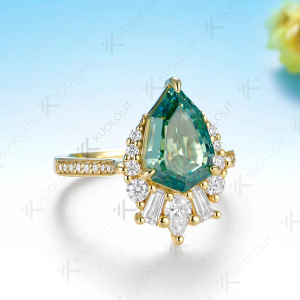 Kuololit 4CT Octagonal Pear Cyan Moissanite Ring for Women Solid 14K 10K Yellow Gold Engagement for Christmas Gift Party Wedding
