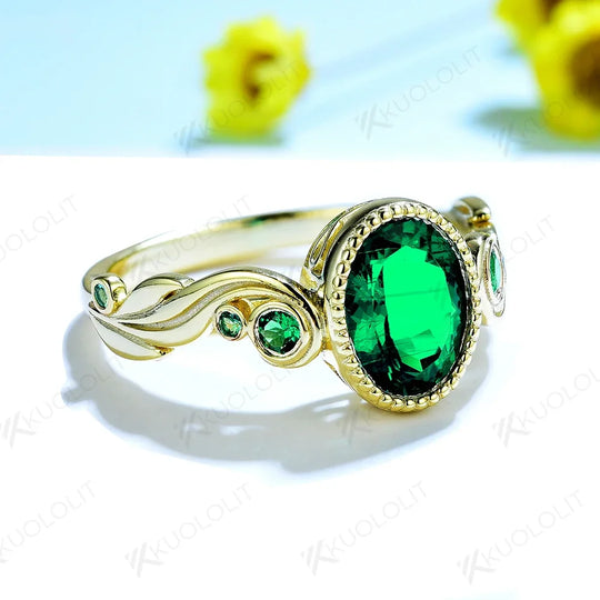 Kuololit Lab Grown Colombia Emerald Rings for Women Men Solid 585 10K Yellow Gold Oval Cut Rings for Wedding Engagement Classic
