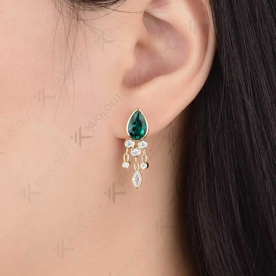 Kuololit 3CTW Lab Grown Emerald with Moissanite Stud Earrings for Women Solid 14K 10K 585 Gold Jellyfish Earrings for Christmas
