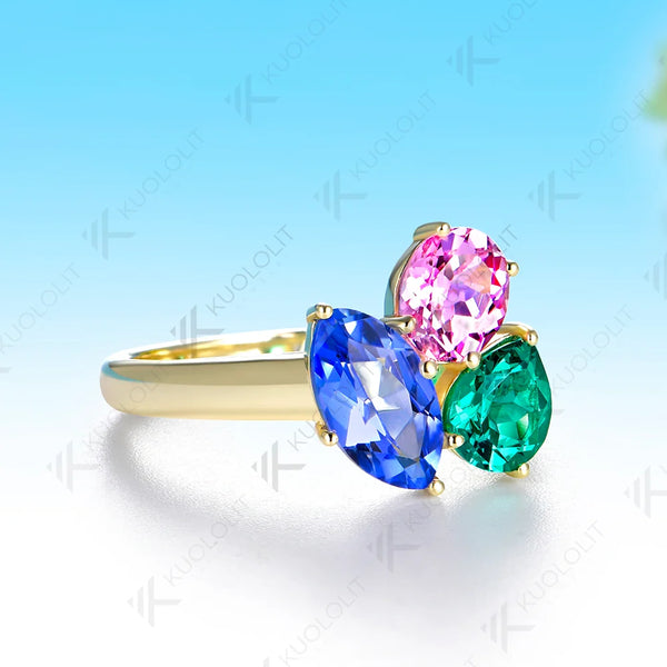 Kuololit Lab Grown Blue Sapphire Emerald Gemstones Custom Ring for Women Solid 14K 10K 585 Yellow Gold for Christmas Gifts Party