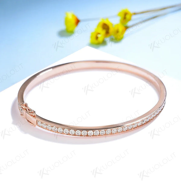 Kuololit Moissanite Bangle for Women Solid 10K Rose Gold D VVS1 Oval Shaped Moissanite Bracelet for Engagement Trendy Gift